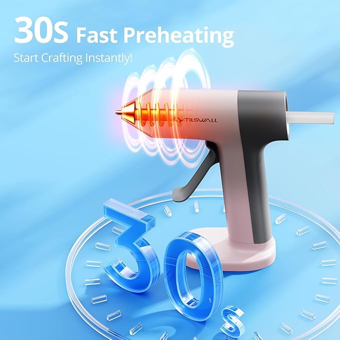 Tilswall Cordless Hot Glue Gun, 30s Fast Preheating with 2Ah Built-in Battery, Hot Melt Glue Gun with 20pcs Premius Glue Sticks, Smart Power-Off, USB-C Inputs Suitable for DIY Craft, Home Repaire Pink