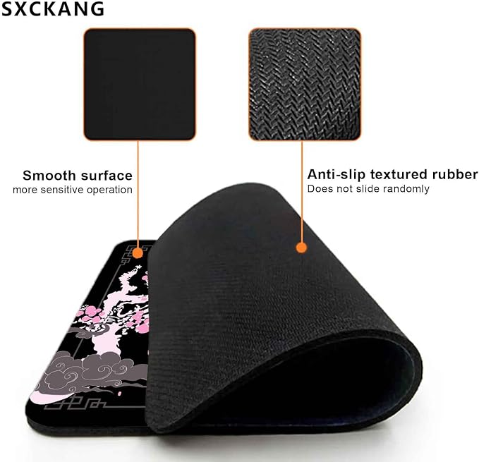Japanese Aesthetic Mouse Pad, Pink Cherry Blossom Mousepad, Black Cute Small Mouse Mat for Work, Game, Office, Home, Computer Accessories - Japan Sakura Flowers Art, 9.5" x 7.9"
