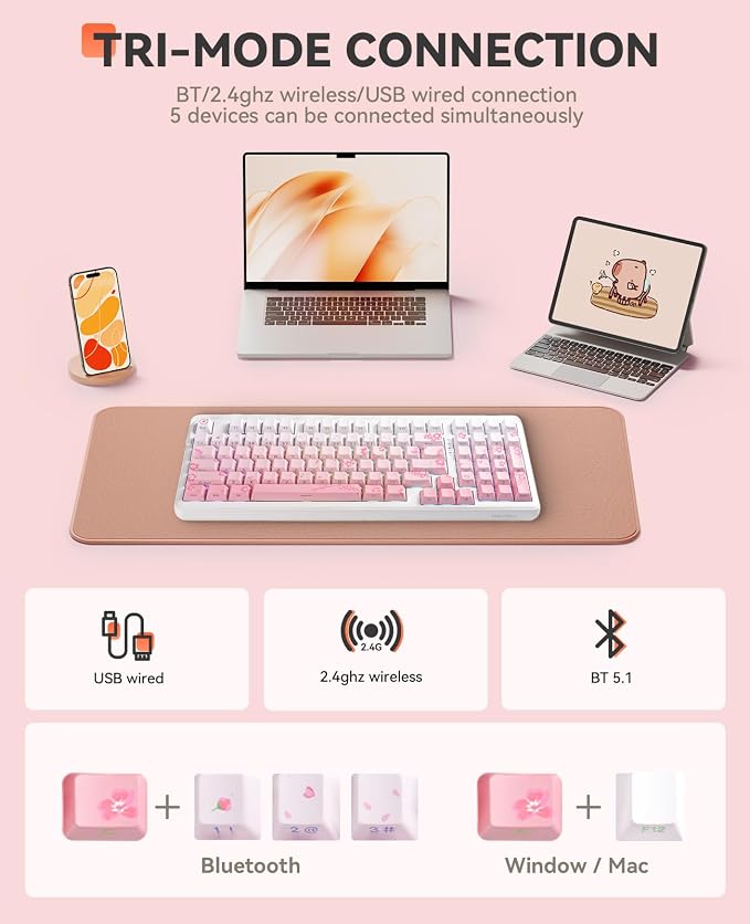DAREU EK98pro Sakura Pink Wireless Mechanical Keyboard,Tri-Mode BT/2.4GHz/USB-C Creamy Gaming Keyboard with Number Pad,Gasket Structure,Hot Swappable Custom,RGB Backlit for Win/Mac