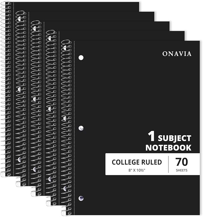 ONAVIA 1 Subject Spiral Notebook College Ruled 5 Pack, 140 Pages, Black | 70 Sheets, 8 x 10.5 in, 3-Hole Punched, School Notebook, Writing Notebook, Students, Study