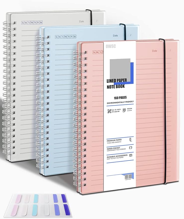 OWSC 3 Pack College Ruled Spiral Notebook, Notebooks for Work A4 Lined | 5.9 x 8.3 IN Notebooks College Ruled for Note Taking, School and Journal with 80 Sheets/160 Pages 110 GSM Thick Papers