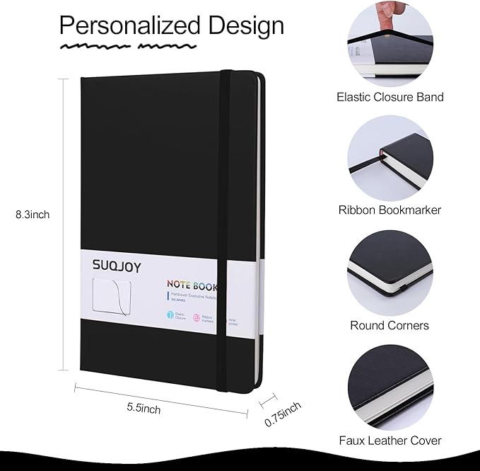 Lined Journal Notebooks for Writing, 100 GSM Thick Paper, 8 Pack Hardcover Notebooks, A5 College Ruled Notebook, Journaling Notebook for School/Travel/Office (Black- 8 Pack)
