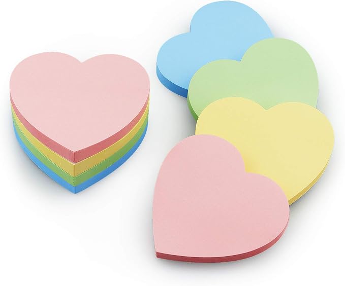 SIMONA Heart Shape Sticky Notes 4 Paste Colors 8 Pads, 600 Sheets | Cute Heart Self-Sticky Note Pads, Candy Colors Sticky Notes for Office, School, Family