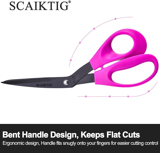 SCAIKTIG 8.5“ Bent Fabric Scissors All Purpose Sharp Heavy Duty, Bent Shears for Sewing Crafting Cutting Clothes, Felt, Leather, Paper Supplies, Pink Handle, Titanium Coating Blades, 2-Pack
