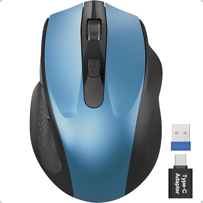 SABLUTE Wireless Mouse for Laptop, Blue Computer Mouse with USB-A&USB-C Receiver, Office Cordless Mice with 6 Buttons & 3 Level DPI for Small to Medium Hands, Works with PC, Desktop, Tablet M21