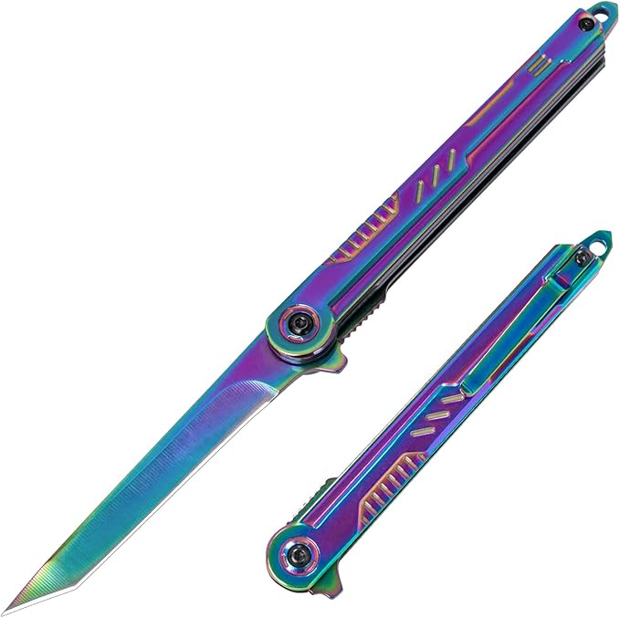 Rainbow Pocket Knife for Men & Women - EDC Folding Knives with Clip, Glass Breaker, Flipper and Liner Lock for Self Defense - Cool Survival Knife for Outdoor Camping