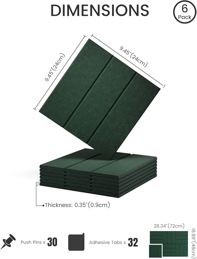 28" x 18" Cork Board Alternative, Wide Stripe, Pine Green | 6-Pack Felt Pin Board Tiles, 30 Adhesive Tabs, Custom Wall Layout, Photo Display, Memo Board, Office, Classroom, Dorm