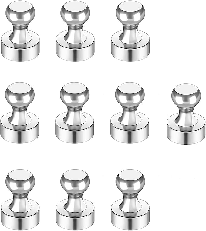 Strong Fridge Magnets, 10 Pcs, 12 x 16mm, Silver, Heavy Duty Magnetic Push Pins for Refrigerator, Whiteboard, Office, Classroom, Kitchen & Locker Decor