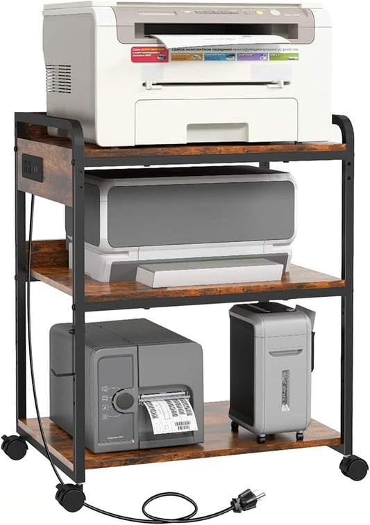 3-Tier Large Printer Stand with Power Outlet and Adjustable Storage Shelf | Printer Table for Home Office 25.2" x 18.9" Printer Cart with Wheels Rolling Cart for a CPU Tower or Shredder,Brown