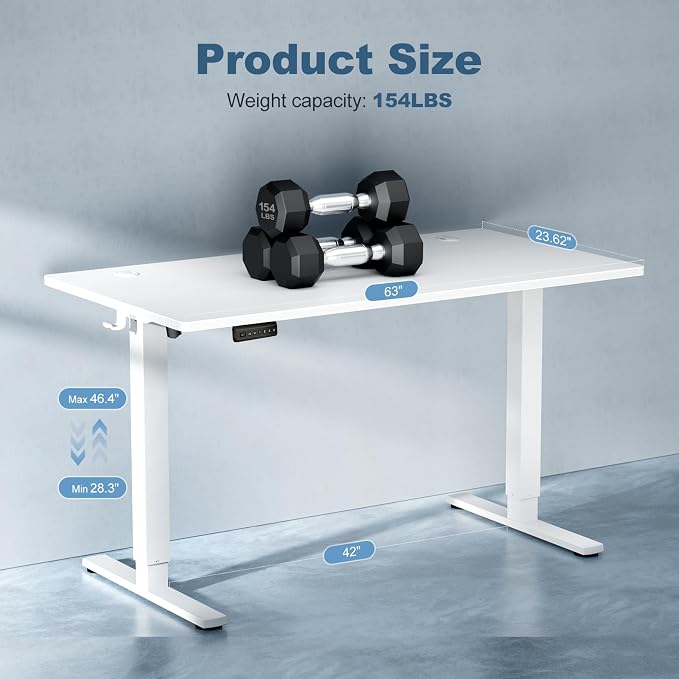 DUMOS 63 Inch Electric Standing Desk, Memory Adjustable Home Office Desk | Sit Stand Up Desk for Work Home Office,Adjustable Desk, Rising Computer Table with Splice Board,Cable Management,Hook,White
