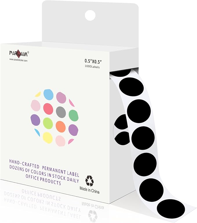 PARLAIM 1/2 Inch Circle Sticker Labels,1000 Stickers Round Color Coding Circle Dots Stickers,Roll Dot Stickers Label for Office Home Office (Black)