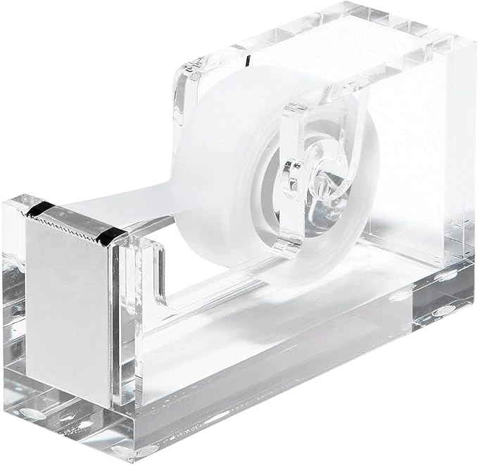 OfficeGoods Acrylic Tape Dispenser, Aesthetic and Compact Design, Silver | Modern desk accessory for office, Heavy duty refillable tape holder for crafting, Stylish desktop accessory for gift wrapping