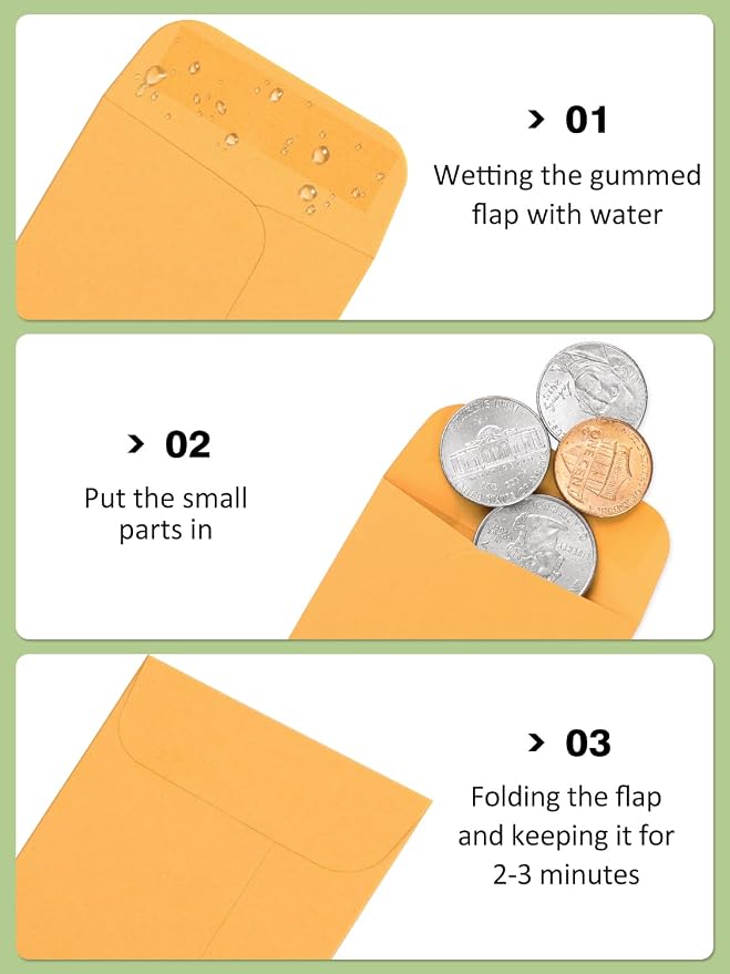 #1 Coin Envelopes Eupako 100 PCS 2.25x 3.5" Brown Small Parts Envelope with Gummed Flap Kraft Seed Envelopes for Garden, Home and Office