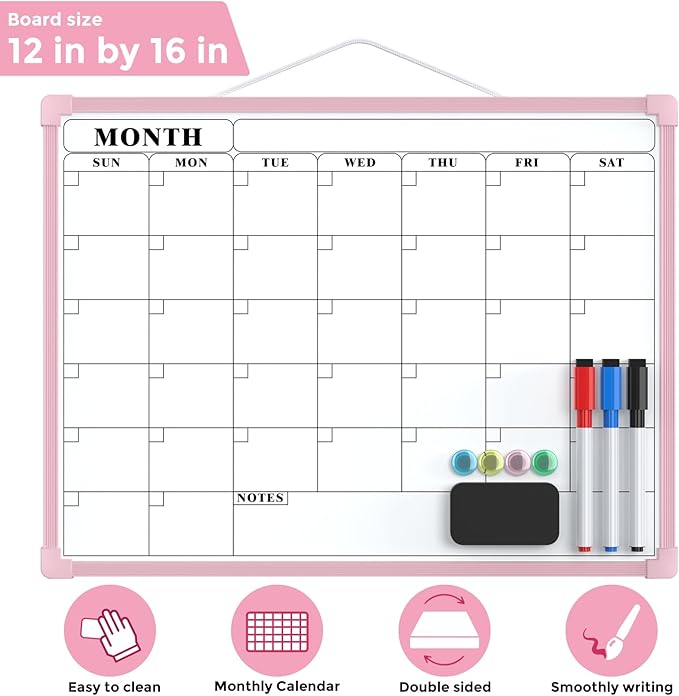 MaxGear Monthly Calendar Dry Erase Board for Wall, 16"x12" Small Hanging Double-Sided White Board, Portable Whiteboard for Planning, Drawing, Memo, to Do List, School, Home, Office, Pink Frame