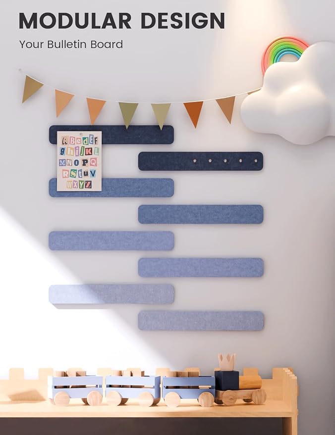 Fluxynara 13" x 2" Felt Wall Panels, Denim Mist | 8-Pack Includes 50 Push Pins and Adhesive Tabs for Photos, Notes and Decor in Bedroom Doors, Home Office or Studios