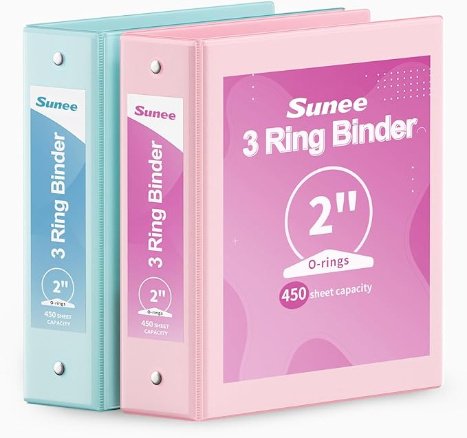 SUNEE 3 Ring Binder 2 Inch 2 Pack, Clear View Binder Three Ring PVC-Free (Fit 8.5x11 Inches) for School or Office Supplies, Pink & Blue