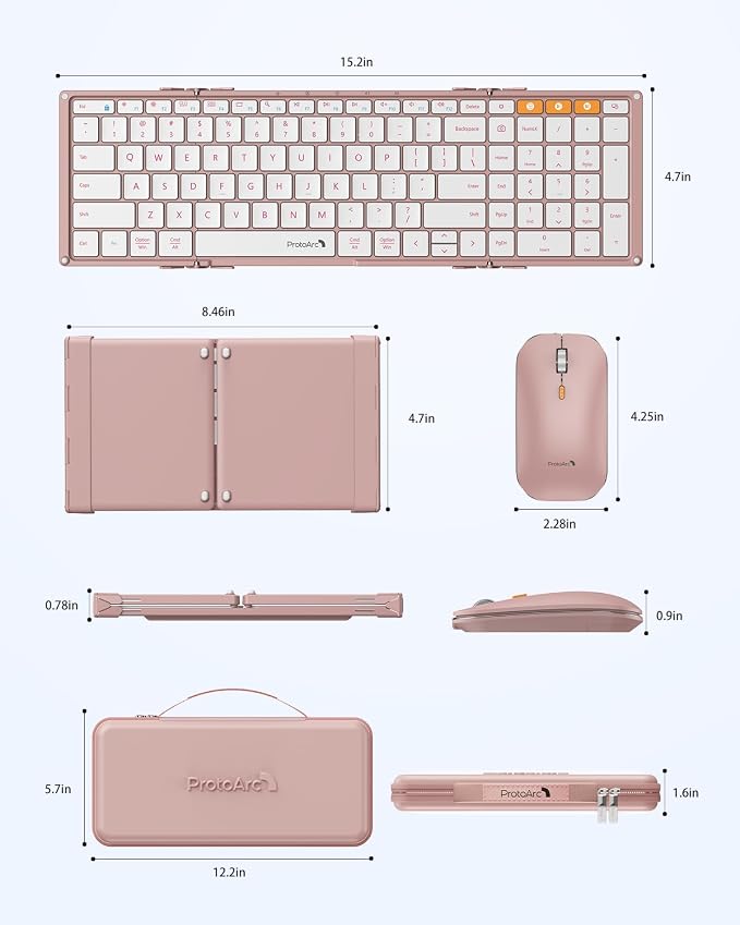 ProtoArc XKM01 Full-Size Foldable Keyboard Mouse Combo for Travel - Pink | 105-key keyboard, slim mouse, hard case and phone stand; 3-device Bluetooth & 2.4G switching, for travel office use