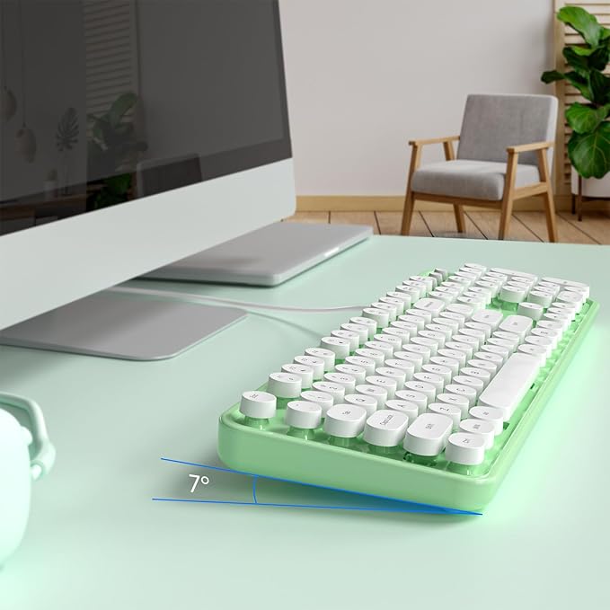 Computer Keyboard Wired, Plug and Play USB Retro Round Typewriter Keyboard, Full Size Wired Keyboard with Foldable Stands for Laptop and Office PC