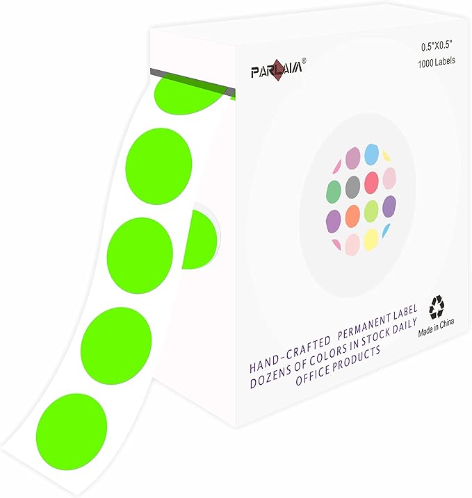 PARLAIM 1000pcs 1/2 Inch Fluorescent Green Round Color Codding Labels on a Roll, Permanent Circle Dot Stickers in Plastic Dispenser Box, 0.5 inch Diam