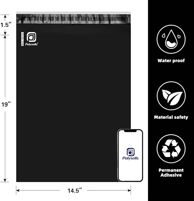 POLYSELLS 1000 pcs 14.5x19 Inches Black Poly Mailers Shipping Envelopes, Strong Adhesive Sealing, Waterproof, and Tear-resistant Postal Mailing Bags for Clothing, Books, and Accessories
