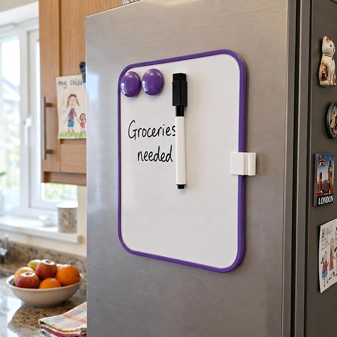 Magnetic Whiteboard, Erasable Notepad, Portable Drawing Board, Teaching Whiteboard, Magnetic Dry Erase Board for Lockers, 6" x 8" with Marker and 2 Magnets (Purple)