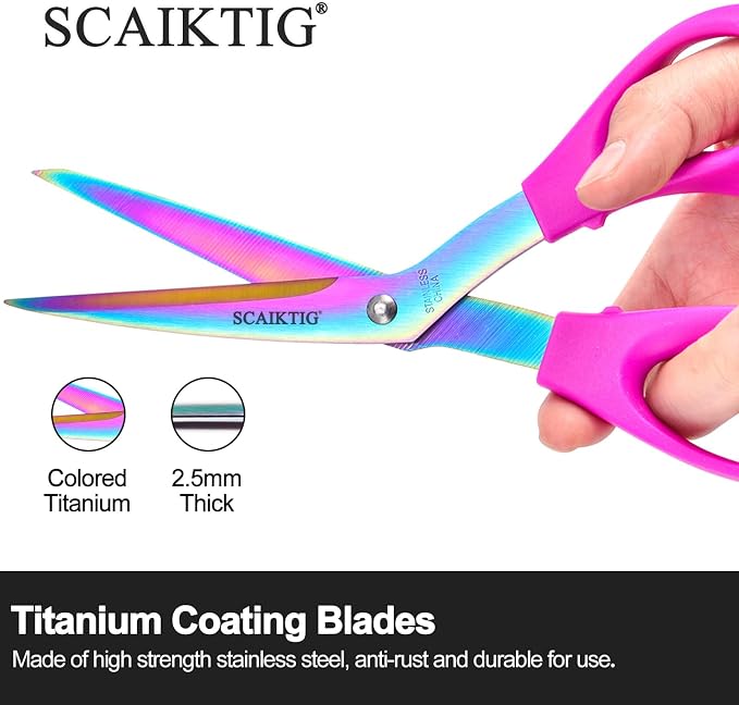 SCAIKTIG 8.5“ Bent Fabric Scissors All Purpose Sharp Heavy Duty, Bent Shears for Sewing Crafting Cutting Clothes, Felt, Leather, Paper Supplies, Pink Handle, Titanium Coating Blades
