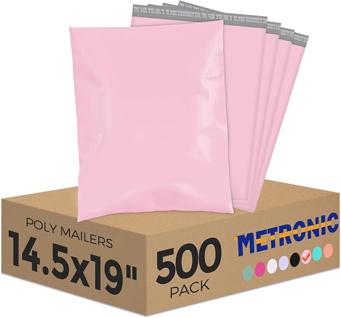 Metronic Poly Mailers 14.5x19 500 Pack, Large Shipping Bags for Clothing with Strong Adhesive, Shipping Envelopes Mailers Poly Bags for Small Businesses, Waterproof Packages Bags Light Pink