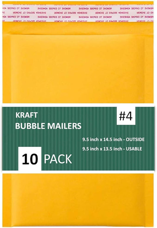 Kraft Bubble Mailers, Self-Seal, Waterproof & Cushioned Padded Envelopes for Shipping, 9.5 x 14.5 in (Gold) 10 Count (Pack of 10)