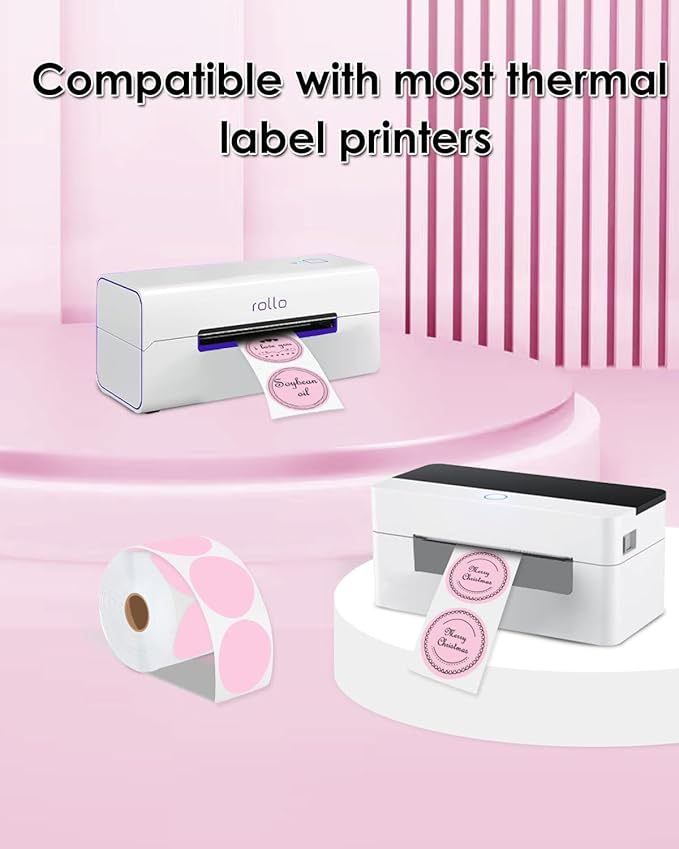 2 Inch (50.8mm x 50.8mm) Round Thermal Sticker Labels, Self-Adhesive Circle Direct Thermal Label, Multi-Purpose Roll Sticker for DIY Logo Design, QR Code, Name Tag, Roll of 500 Labels, Pink