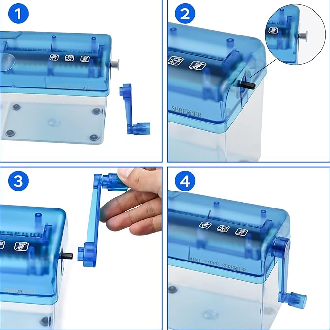 JIKIOU Mini Hand Shredder Portable Paper Shredder for Office Home Blue | Affordable, Non-slip, Information High Security, Desktop Size, 1L Clear Plastic Window, No Power and Easy to Use for Gift