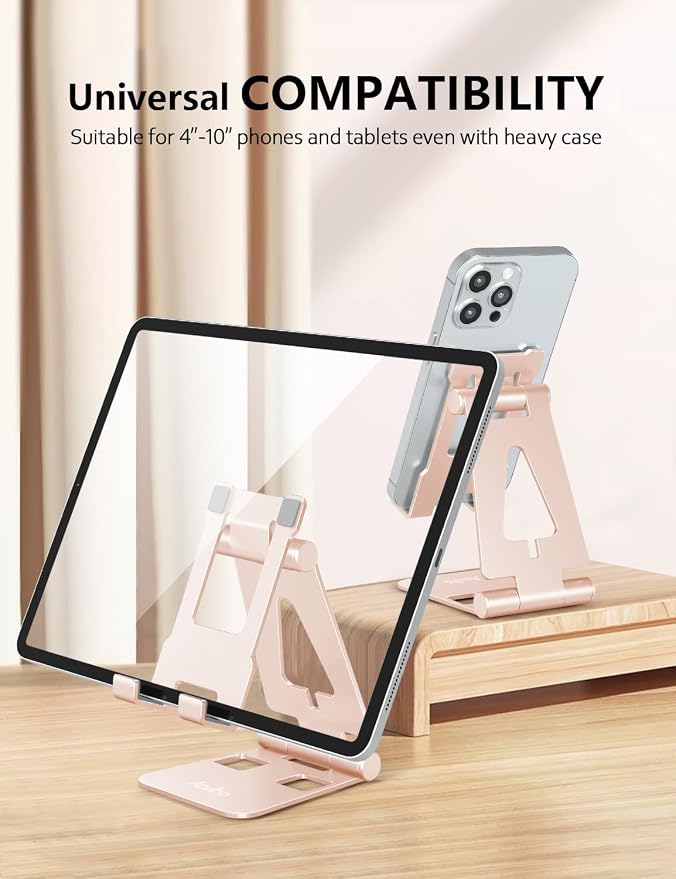 Aoviho Foldable Cell Phone Stand for Desk, Holder for iPhone,Rose Gold | Folds Flat for Easy Storage, Hands-Free Viewing, Fits iPhone 17/16/15 Series & Samsung Galaxy, Ideal for Office & Home