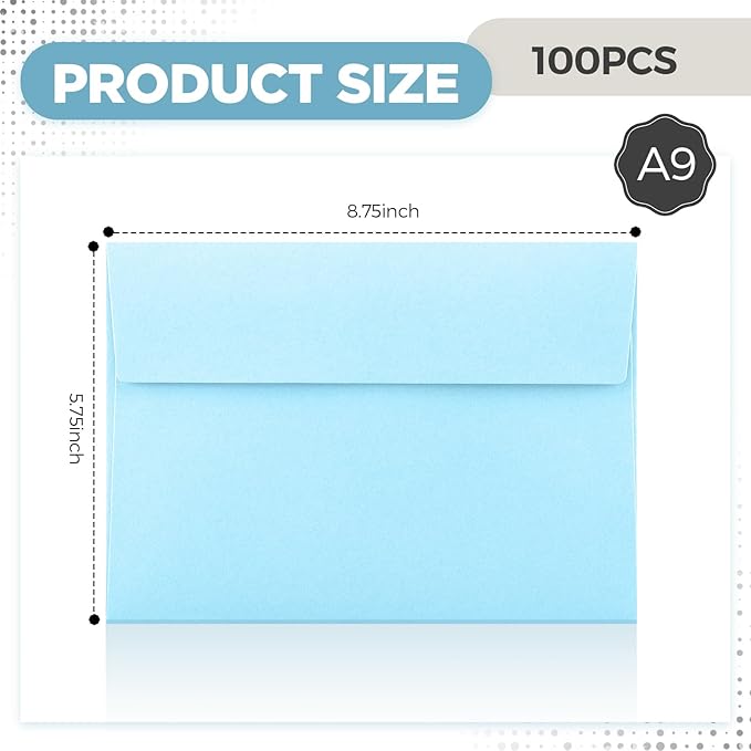 Harloon 100 Pcs A9 Invitation Envelopes 5.75 x 8.75 Inch Self Adhesive Wedding Invitation Envelopes Paper Greeting Card Envelope for Photos Letters Baby Shower Office 110 Gsm Paper(Light Blue)