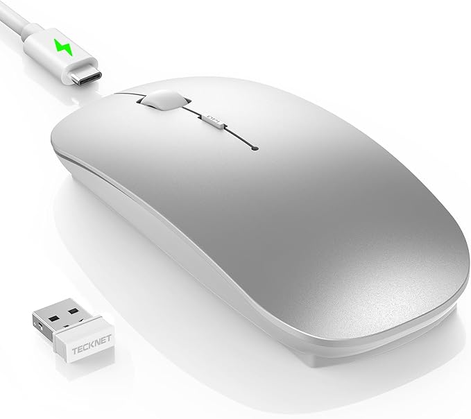 TECKNET Bluetooth Wireless Mouse, Rechargeable Silent Portable Computer Mouse, 6 Adjustable DPI, Dual Mode (Bluetooth 5.2/3.0 and 2.4G USB Receiver) for Laptop, iPad, MacBook, PC, Desktop, Android