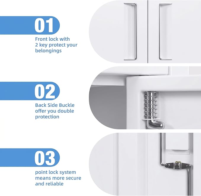 71-Inch White Metal Storage Cabinet with Locking Doors | Four adjustable shelves organize tools, files, pantry supplies, and office items in a tall freestanding cabinet.