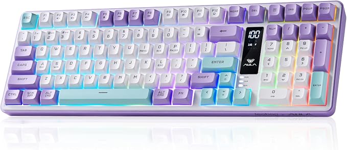 Aula S99pro V2 Wireless Gaming Keyboard,Silent Computer Keyboards,Creamy Membrane Keyboard with Number Pad,Tri-Mode Bluetooth/2.4GHz/USB-C,RGB Backlit,Digital Display Screen - Star Illusion Purple