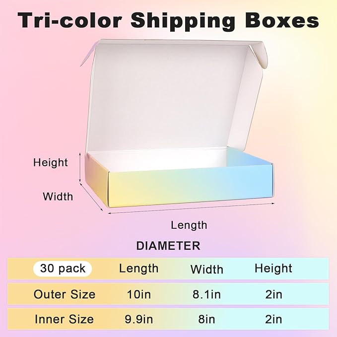 Shipping Boxes Medium 10x8x2", 30 Pack Colorful Mailer Boxes for Packaging, Corrugated Cardboard Boxes for Small Business Mailing