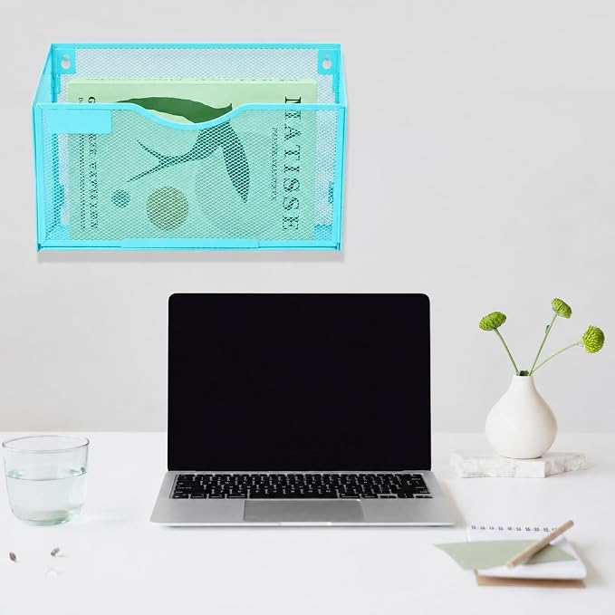 1 Pocket Mesh Wall File Holder Organizer Office Hanging File Folder Magazine Rack, Nametag Label Hooks Set Included (Blue)