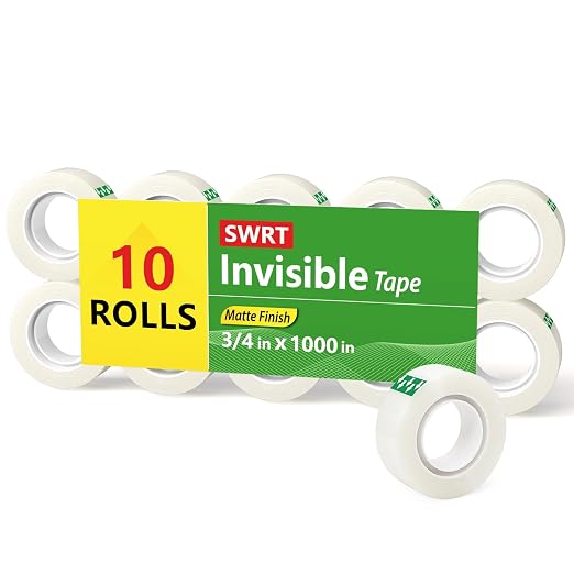 SWRT Invisible Tape Refills, 10 Rolls, 3/4 in x 1000 in, Matte Finish | Blends into Paper; Easy to Write On; Neat Paper Repairs; Quick Label Fixes; Fits Tape Dispensers; Office, School, Home