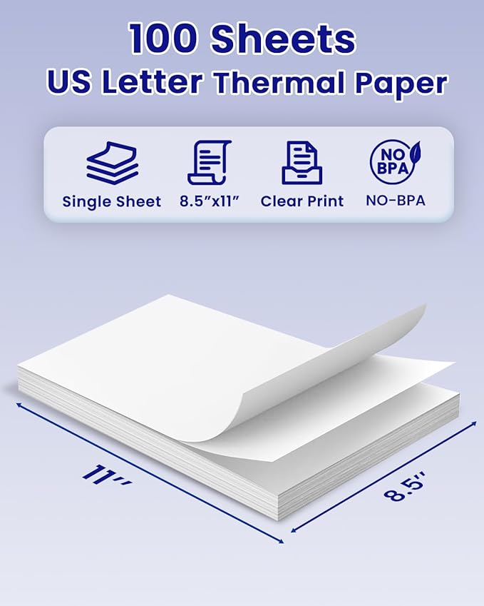 Thermal Printer Paper US Letter Size, 100 Sheets 8.5" x 11" Quick-Dry Thermal Paper, Compatible with A285M A28U A282M A281M M08F M835 M834 M832 Portable Printer
