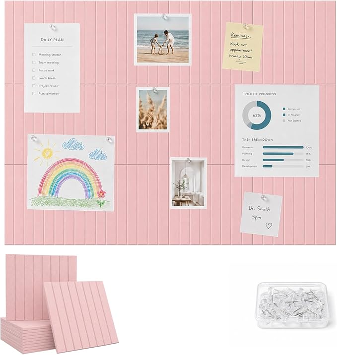 48" x 36" Large Felt Bulletin Board, Bold-Stripe 12-Pack Cork Boards | Fabric Bulletin Board with 60 Adhesive Tabs, 50 Pushpins, Felt Wall Tiles for Office Push Pin Board Felt Board, Coral Pink | Fabric Bulletin Board with 60 Adhesive Tabs, 50 Pushpins...