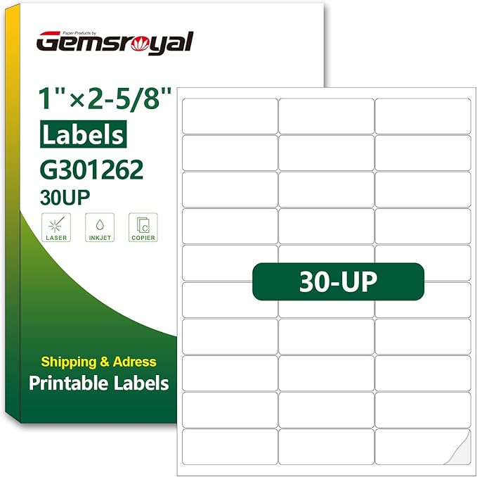 1”×2-5/8" Address Labels Printable,1×2-5/8 inch Shipping Label Stickers for Laser/Inkjet Printer,Matte White Small Mailing Sticker Paper,40 Sheets,30-UP,1200 Blank Labels