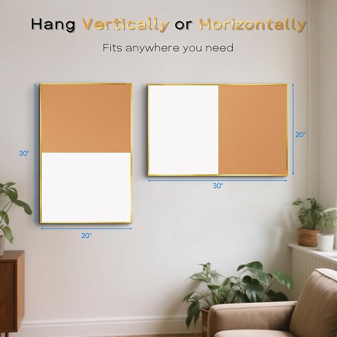 White Board Cork Board Combo, 30"x20" Magnetic Dry Erase Corkboard, Gold | Aluminum Frame, Wall Mounted, Bulletin Board, Vision Board, for Home Office School Kitchen