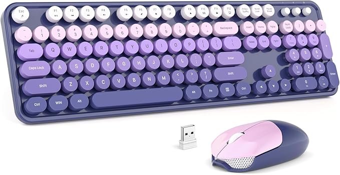 MOFII Wireless Keyboard and Mouse Combo, 2.4GHz Retro Typewriter Keyboard Full Size, Cute Wireless Mice, USB Dongle Plug and Play, for Laptop, PC, Desktop, Windows (Purple Gradient Color)