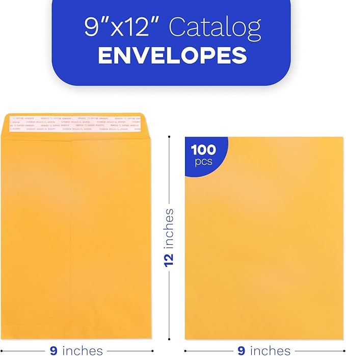 9x12 Manila Envelopes Self Seal 100 Pack, Goefun Yellow Brown Large Catalog Envelopes 9 x 12 Letter Size for Mailing, 80GSM Paper