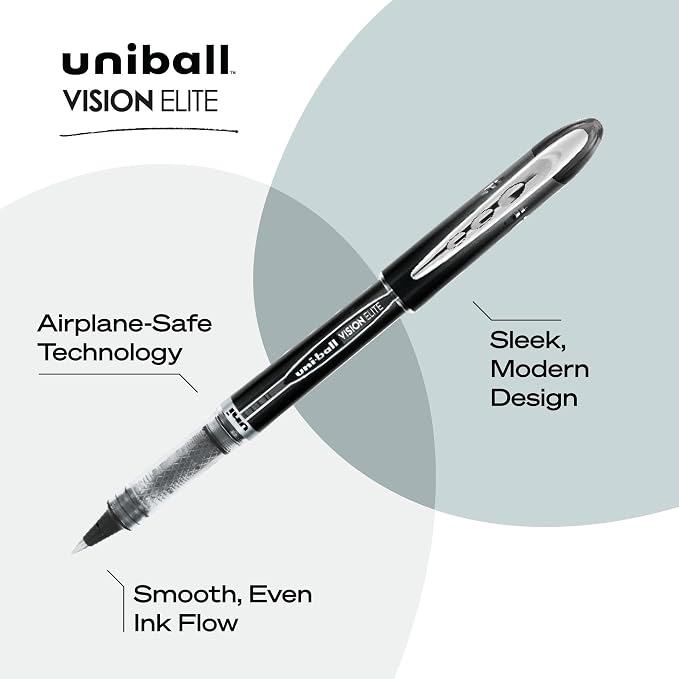 Uni-Ball Vision Elite Rollerball Pens Fine Point Micro Tip, 0.5mm, Black, 12 Count (Pack of 12)
