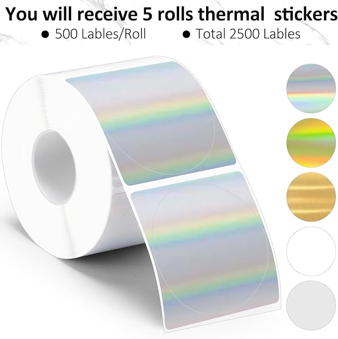 2500 Pcs 2 Inch Circle Thermal Sticker Labels Self Adhesive Round Direct Thermal Labels Multipurpose Printer Stickers for DIY Logo Design, Qr Code, Name Tag(Holographic Color)