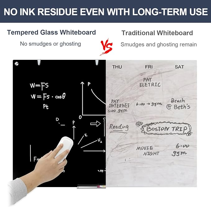 Glass Whiteboard 48x36 Black Magnetic White Board Dry Erase Board for Wall | Magnetic Surface, Dry Erase, Large Frameless Glass Whiteboard, Ideal for Office Home School Classroom Kitchen