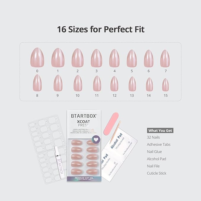 BTArtbox Press On Nails Almond - Short Nude Natural Nails Press Ons, Glue On Nails for Wedding Birthday Gift, Supremely Fit & Glossy Stick On Nails in 16 Sizes - 32 Nail Kit, Nudies