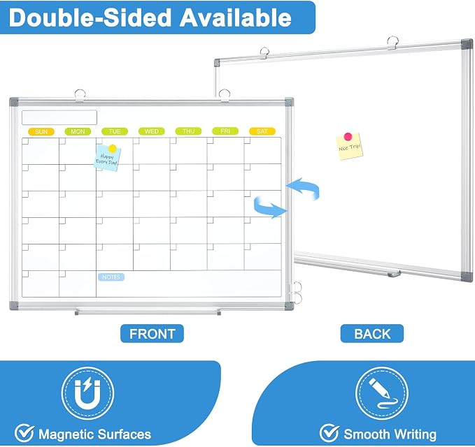 Dry Erase Calendar Whiteboard for Wall, 36" x 24" Monthly White Board | Double-Sided Magnetic, Silver Aluminum Frame, Hang Wall Mount, Portable Board for Home, Office, School