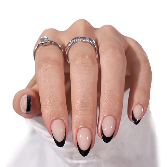 BTArtbox Press On Nails Short - Black French, Almond Press On Nails with Glue and Adhesive Tabs for Women in 16 Sizes - 32 Soft Gel Glue On Nails Kit